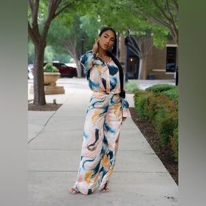 NWT Caught In The Moment Satin Pant Set - Blue/combo SIZE 2X